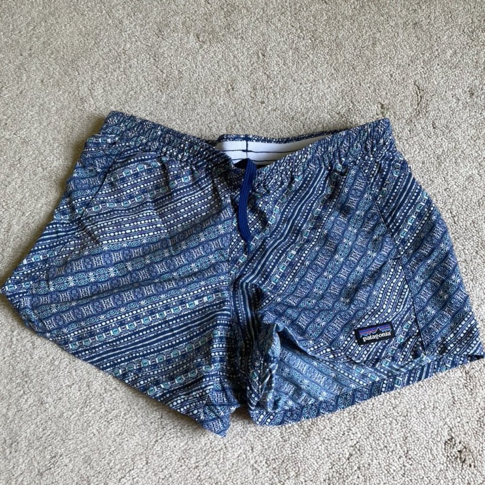 blue patterned patagonia shorts